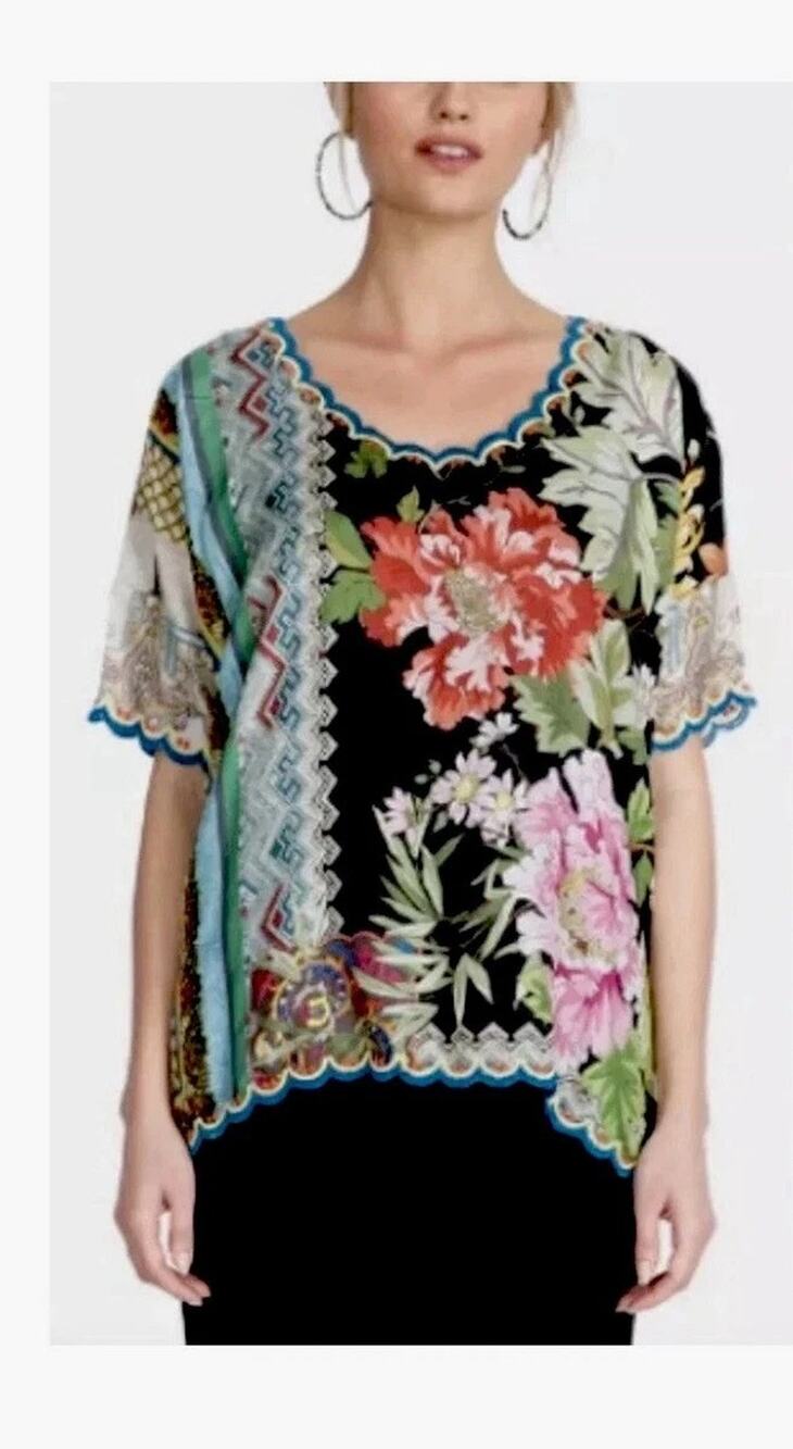 Johnny Was Loden Silk Pink Green Floral Print Top Small